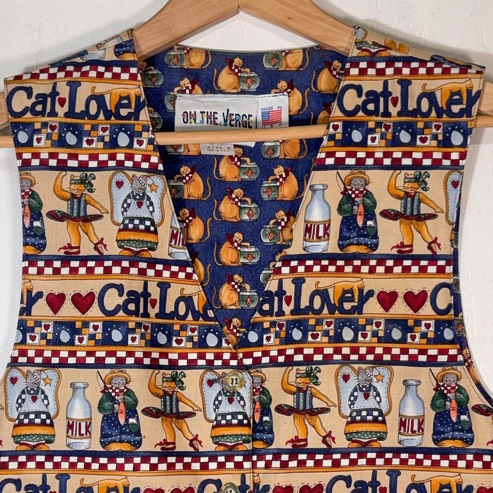 VTG 90s On The Verge Cat Lover Vest Women M Novelty Grandmacore Cat Lady Allover